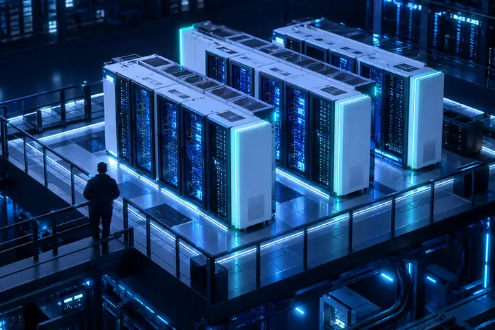 Conjunto de gabinetes de servidores brancos e azul-elétrico sobre uma plataforma isométrica de data center, com luzes turquesa e fundo azul-marinho escuro.