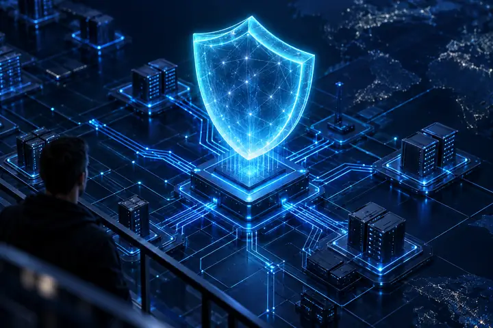 Escudo de privacidade em ciano brilhante acima de uma rede precisa de placas de circuito azuis, em uma ilustração técnica isométrica sobre um fundo azul-marinho profundo.