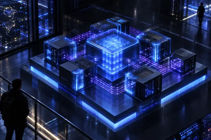Placa computacional isométrica e luminosa em azul, com blocos modulares e finos caminhos de dados violeta sobre um fundo escuro.