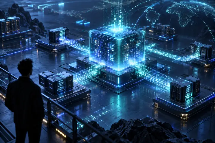 Plataforma isométrica de inferência em azul e turquesa, com um cubo computacional brilhante, pequenos servidores e dados fluindo por uma paisagem digital escura.